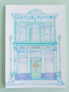 Illustration of a two-story building with decorative elements on a light green background