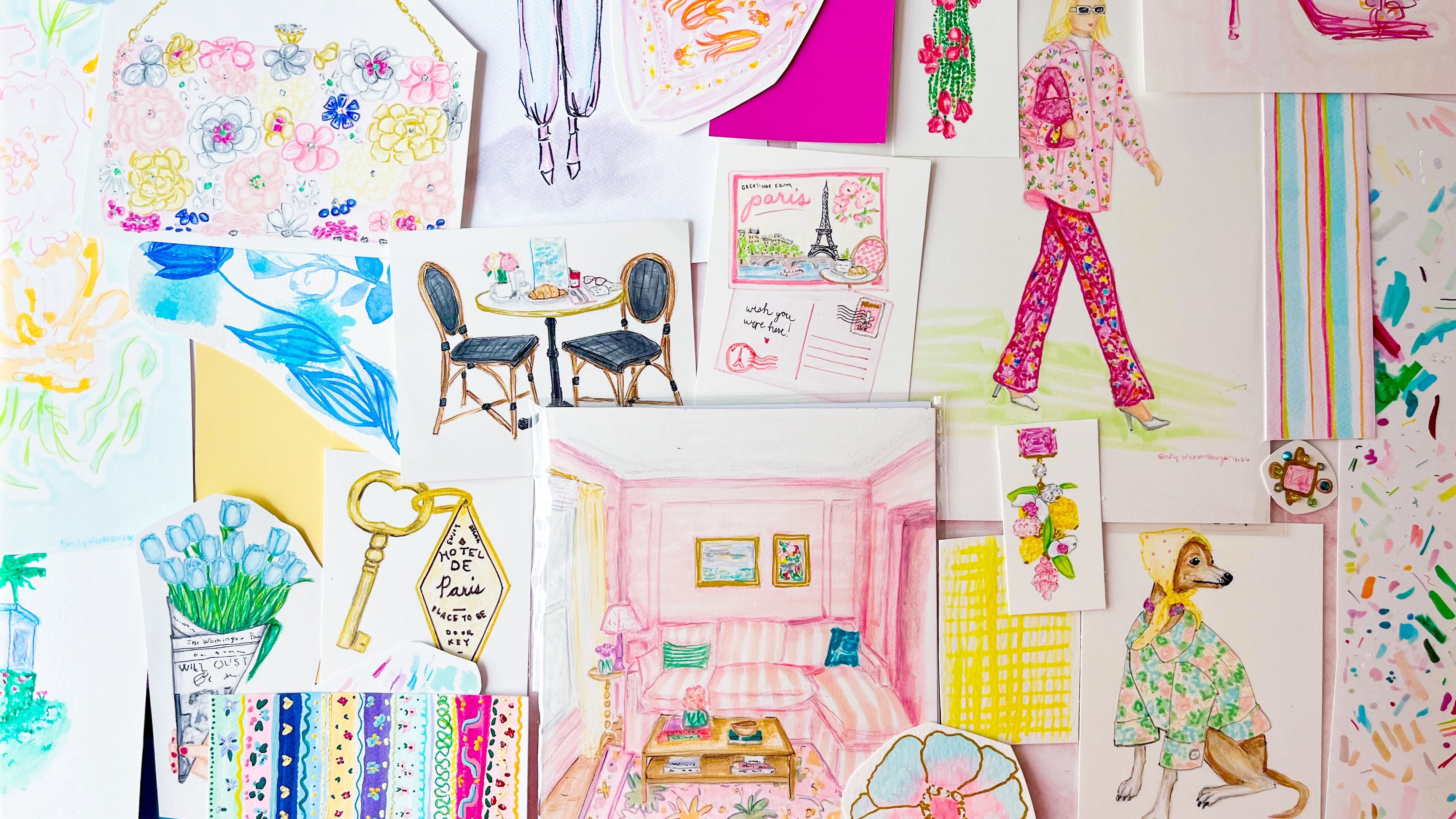 A collage of colorful fashion and interior design sketches, illustrations, and patterned paper pieces arranged on a white surface. Visible motifs include a woman in floral pants, a pink bedroom scene, striped and floral patterns, a key, flowers, and fashion-style drawings.