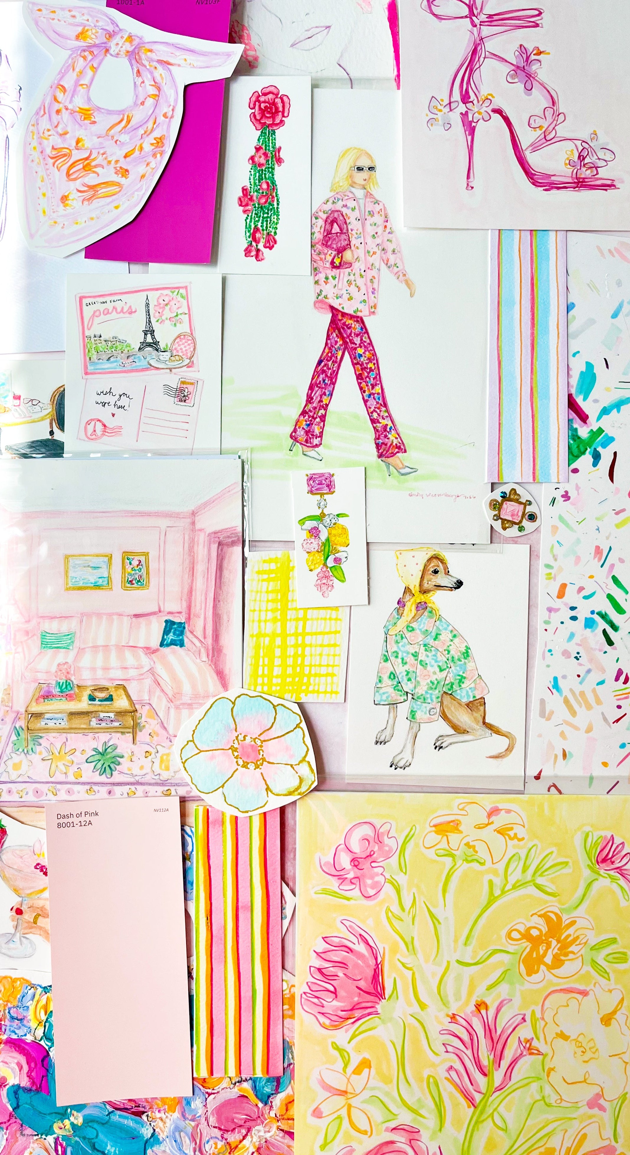 A collage of fashion and lifestyle sketches, prints, and patterned fabrics arranged together. Visible elements include a fashion illustration of a woman in pink patterned clothing, a pink high-heel drawing, a dog in a floral dress, a pink bedroom scene, striped fabrics, and floral artwork.