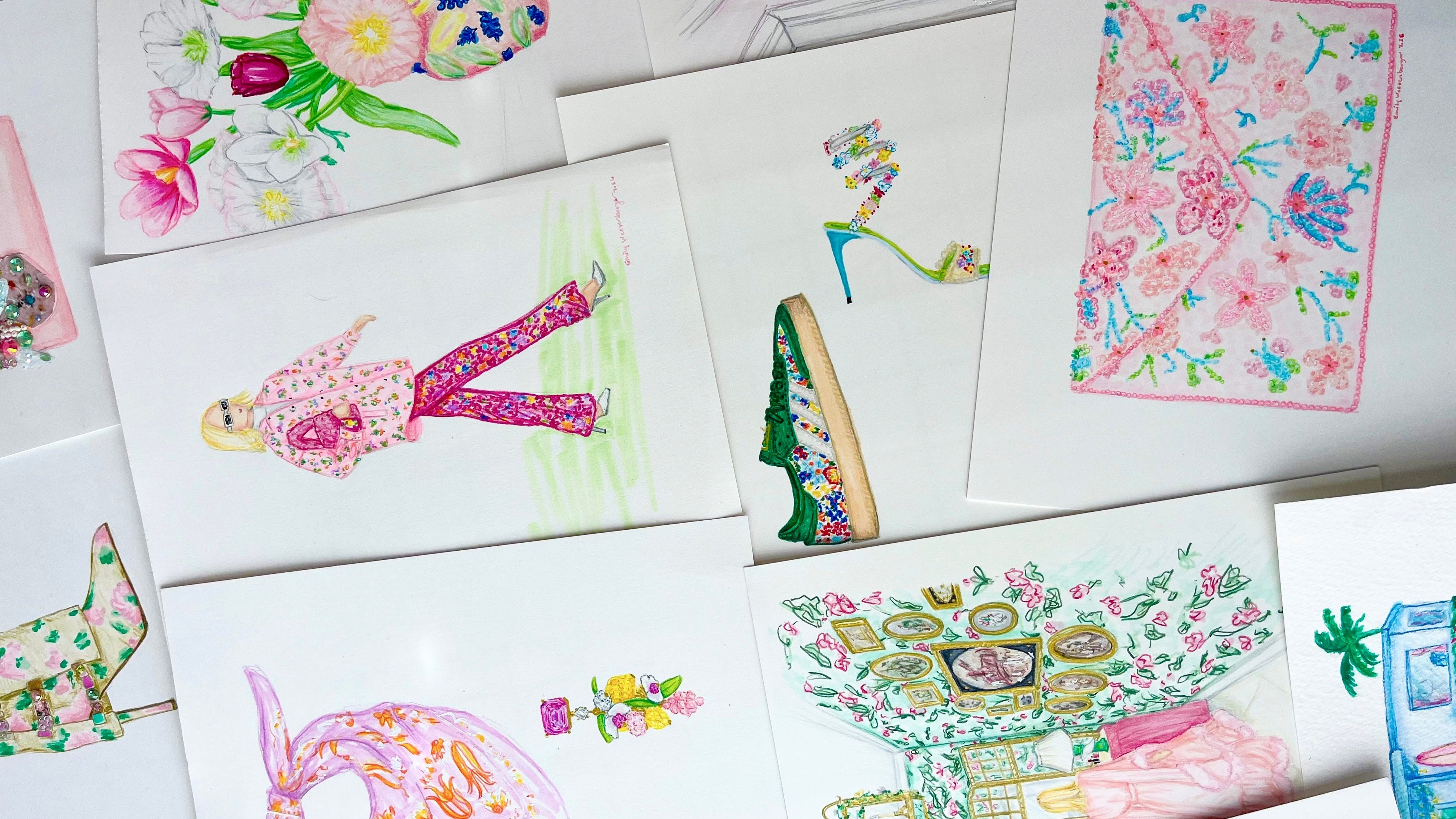 A collage of fashion illustration prints featuring a woman in a pink floral outfit, a green sneaker, a floral scarf, tulips, and other colorful fashion sketches arranged on a white surface.
