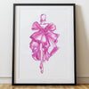 Framed artwork of a pink dress on a white wall.