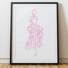 Framed pink dress illustration on a white wall