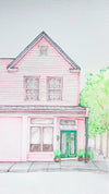 Illustration of a pink house with a green door and trees in the background